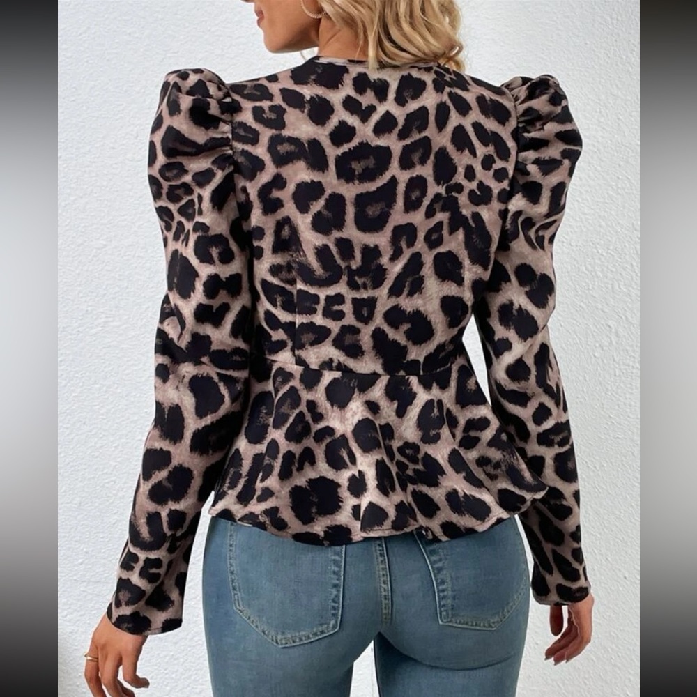 Leopard print zipper puff sleeve jacket - Picture 2 of 4